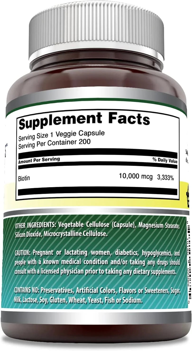 Amazing Formulas Biotin 10000Mcg per Serving 200 Veggie Capsules Supplement | Non GMO | Gluten Free | Made in USA | Suitable for Vegetarians |Pack of 3