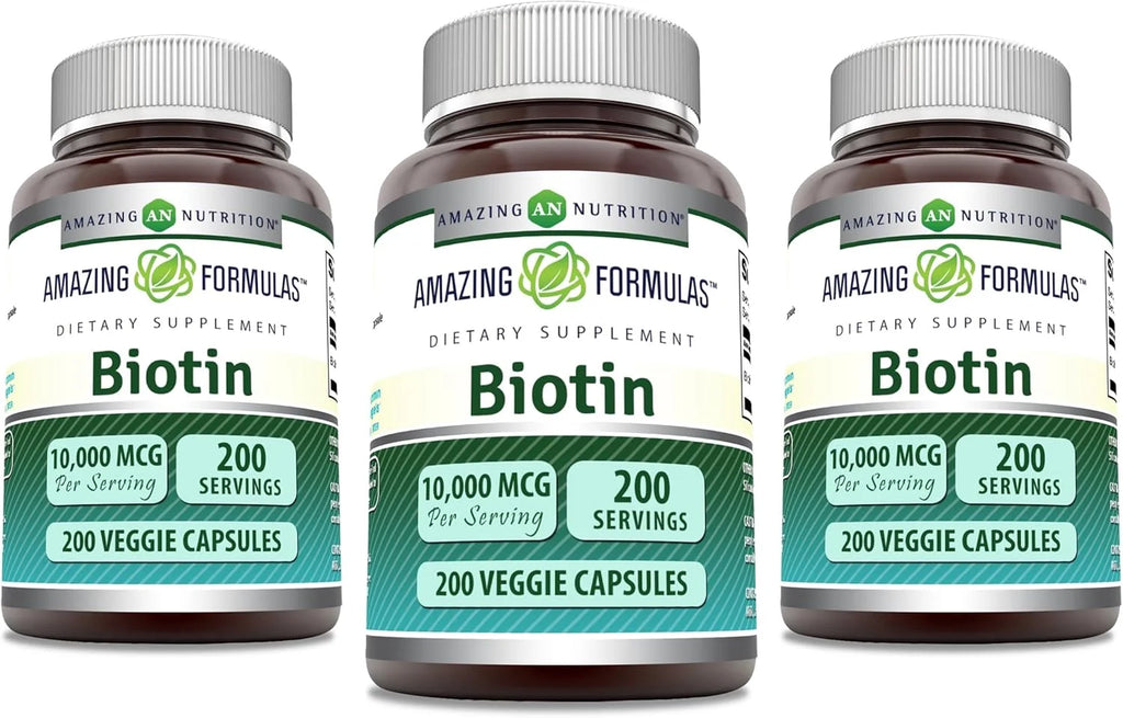 Amazing Formulas Biotin 10000Mcg per Serving 200 Veggie Capsules Supplement | Non GMO | Gluten Free | Made in USA | Suitable for Vegetarians |Pack of 3