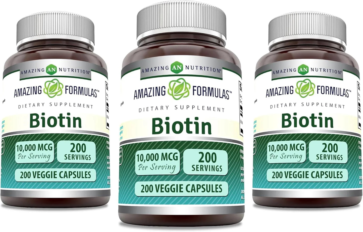 Amazing Formulas Biotin 10000Mcg per Serving 200 Veggie Capsules Supplement | Non GMO | Gluten Free | Made in USA | Suitable for Vegetarians |Pack of 3