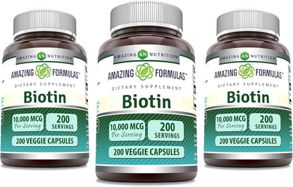 Amazing Formulas Biotin 10000Mcg per Serving 200 Veggie Capsules Supplement | Non GMO | Gluten Free | Made in USA | Suitable for Vegetarians |Pack of 3