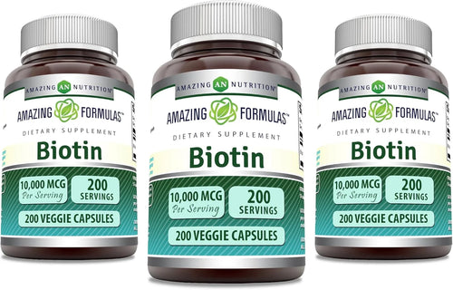 Amazing Formulas Biotin 10000Mcg per Serving 200 Veggie Capsules Supplement | Non GMO | Gluten Free | Made in USA | Suitable for Vegetarians |Pack of 3