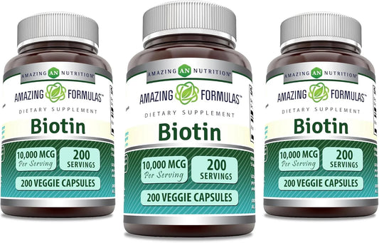 Amazing Formulas Biotin 10000Mcg per Serving 200 Veggie Capsules Supplement | Non GMO | Gluten Free | Made in USA | Suitable for Vegetarians |Pack of 3