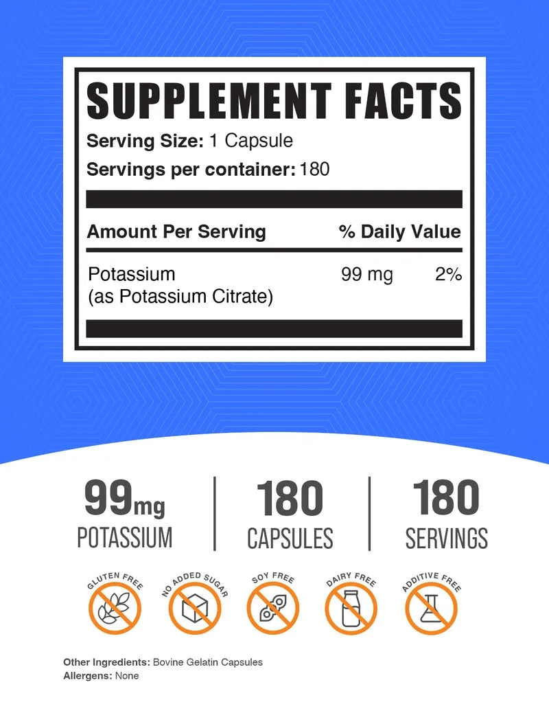 Bulksupplements Potassium Citrate Capsules - 1 Capsule per Serving (99Mg of Potassium), 180 Count